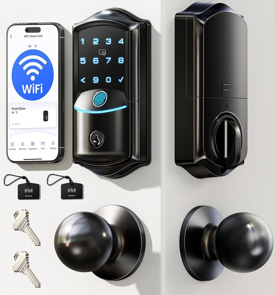 Veise VE027-K Built-in WiFi Smart Lock with 2 Knob, Fingerprint Keyless Entry Door Lock Handle Se... | Amazon (US)
