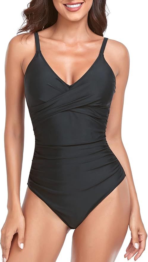 RELLECIGA Women's V Neck Ruched One Piece Swimsuit Twist Front Bathing Suits | Amazon (US)