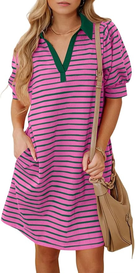 BLENCOT Women's Casual Polo V Neck T Shirt Striped Dress Summer Puff Short Sleeve MIdi Dresses | Amazon (US)