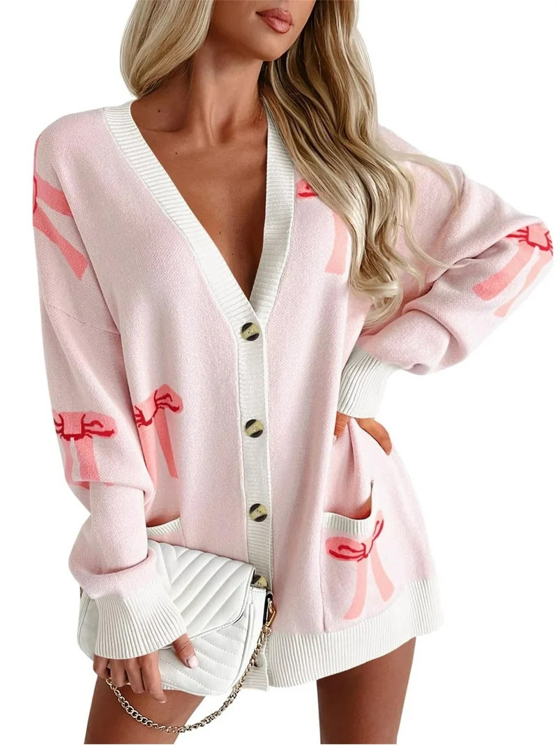 Oversized Cardigan Sweater Women's Bow Print Button V Neck Long Sleeve Loose Knitted Autumn Fashi... | Walmart (US)