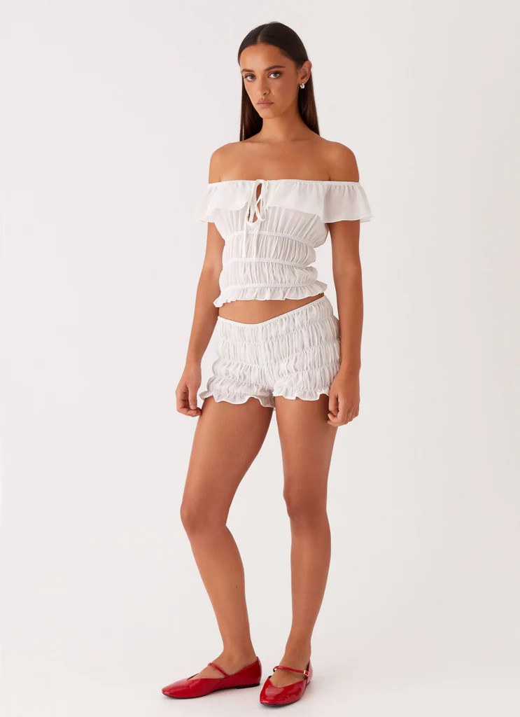 Girls Like Us Ruched Mini Shorts - White | Peppermayo (Global)