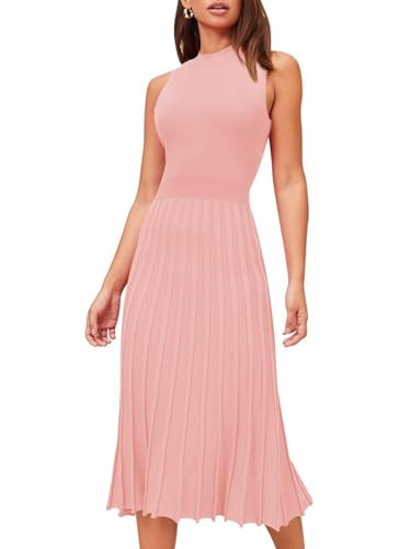 Pink Queen Pleated Dress for Women Summer Sleeveless Bodycon Wedding Party Swing Knit Midi Dresses Shrimp Pink L | Amazon (US)