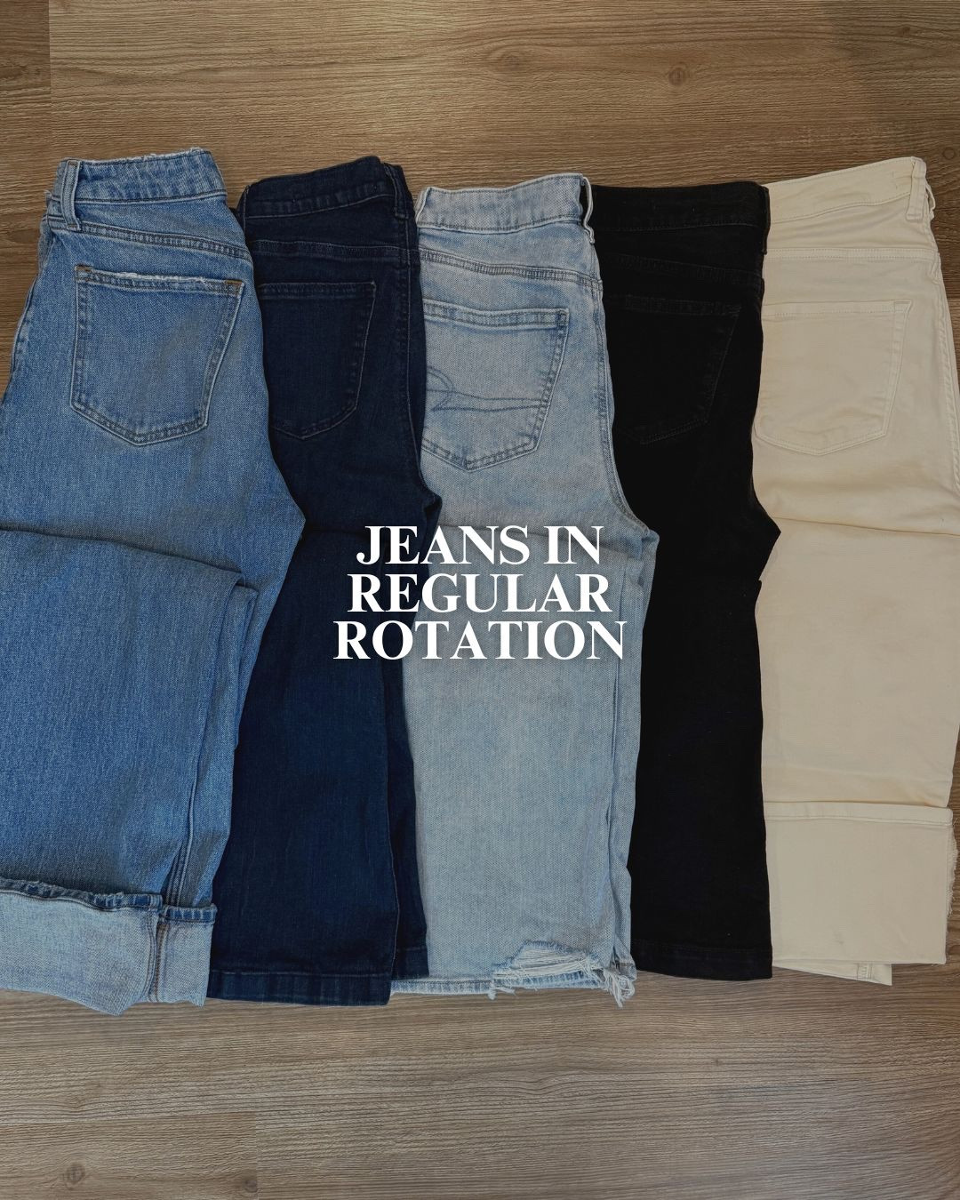 Left to right: Abercrombie 90s straight (I ordered xl length to cuff), Sofia flares from Walmart, American Eagle Dreamy Drape Wide Leg, Sofia flares in black rinse (so good!), and Lauren Conrad true straight jeans (off white unavailable in winter)