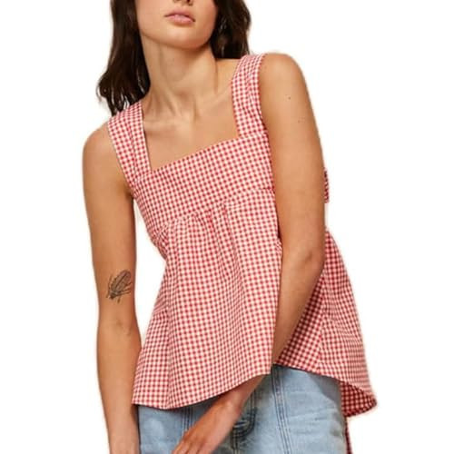 Women's Summer Gingham Tank Top Square Neck Peplum Cami Cute Sleeveless Y2k Going Out Tank Tops Loose Flowy Tank (Red,Medium,Medium) | Amazon (US)