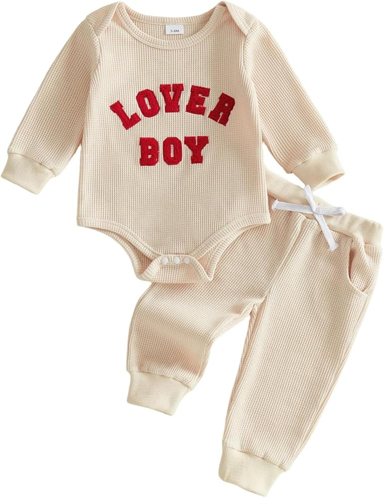 Douhoow Baby Boys Valentine's Day Outfit Sets Long Sleeve Crew Neck Letter Embroidery Romper Draw... | Amazon (US)