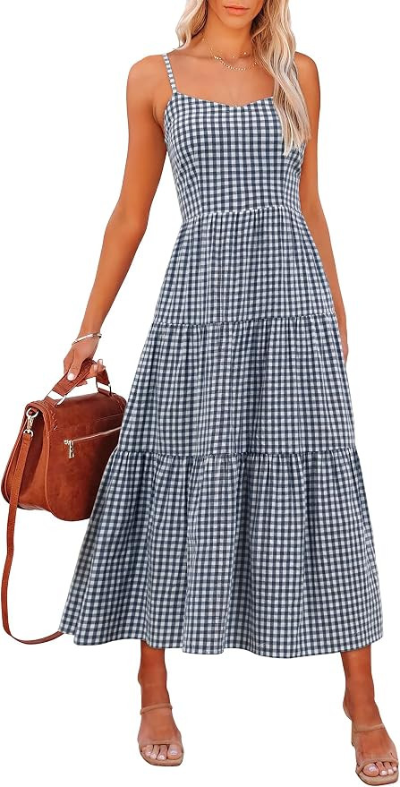 ANRABESS Womens Summer Striped Gingham Midi Dresses Casual Beach Sundress | Amazon (US)