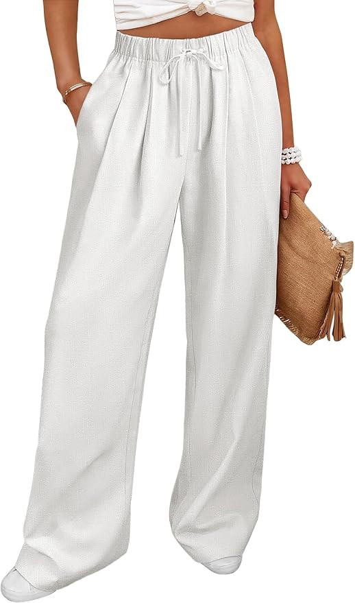 ANRABESS Women Wide Leg Linen Palazzo Pants Casual Elastic Waist Drawstring Flowy Loose Beach Tra... | Amazon (US)