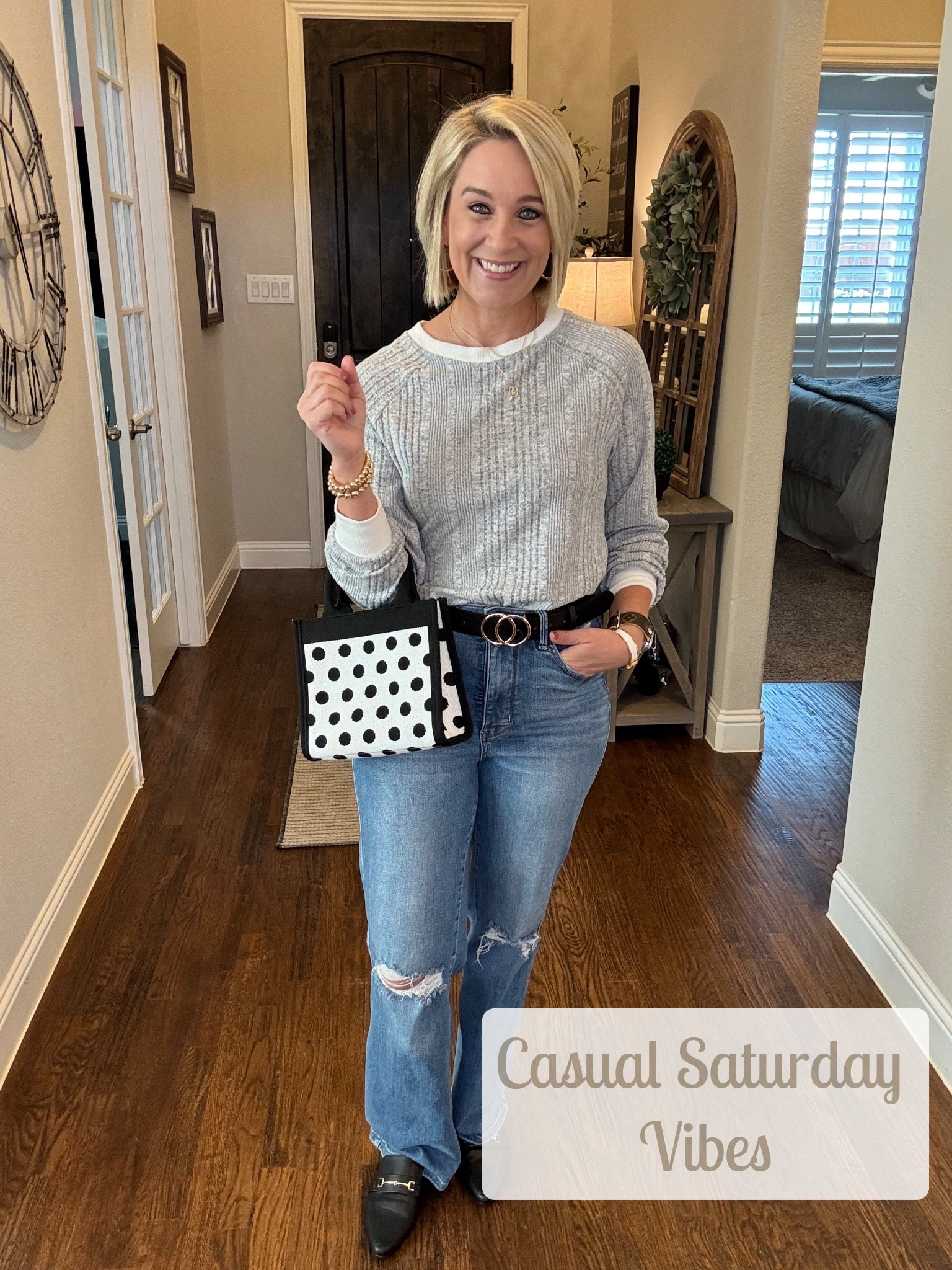 🙋🏼‍♀️Give me a comfy soft & stretchy top and some high waisted distressed jeans and I am a happy Momma. ☕️ 

Happy Saturday friends! 💕

#LTKOver40 #LTKFamily #LTKSeasonal
