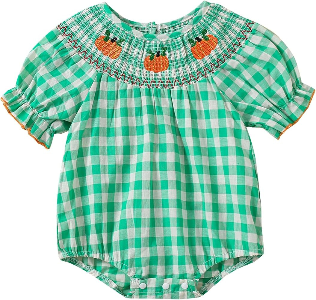 Ayalinggo Newborn Baby Girl Smocked Pumpkin Outfit Infant Plaid Bubble Romper Embroidery Hallowee... | Amazon (US)