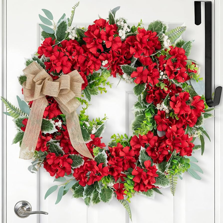 NUPTIO Geranium Wreath for Front Door: 24 Inch Summer Red Patriotic 4th of July Wreaths with Gree... | Amazon (US)