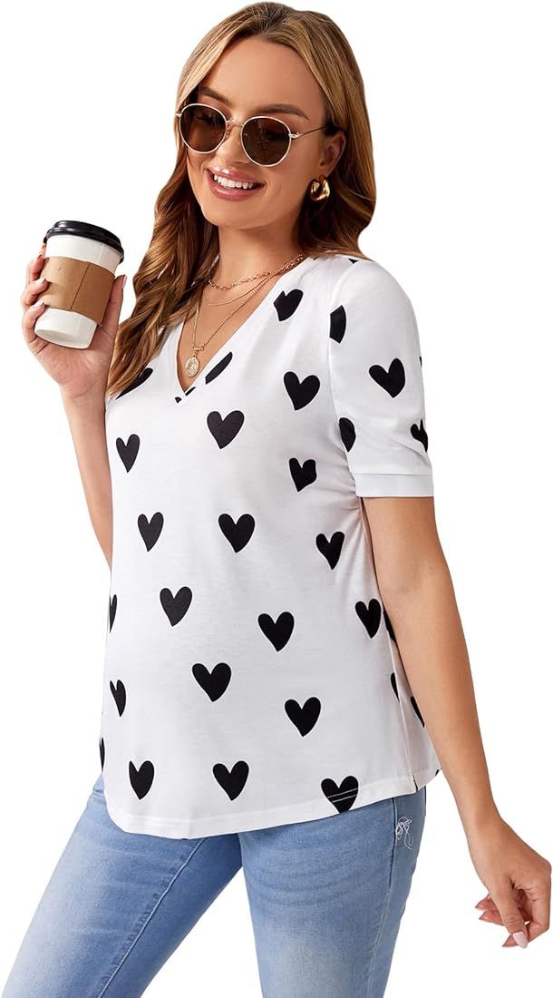 OYOANGLE Women's Maternity Casual Heart Print V Neck Short Sleeve Tee Shirt Tops Maternity Blouse | Amazon (US)