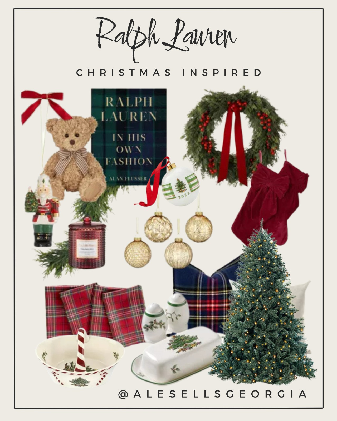 Ralph Lauren inspired Christmas decor mood board featuring classic plaid, teddy bears, festive tableware, and a classic wreath.

#RalphLaurenChristmas #HolidayDecor 

 #LTKCyberWeek #LTKGiftGuide #LTKHoliday