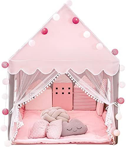 Amazon.com: Kids Play Tent with Mat, Ball String Lights, Toddler Tent Pink Large Indoor Playhouse... | Amazon (US)