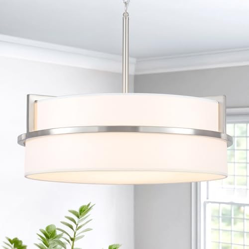 19.7" Modern Drum Chandeliers for Dining Room, 5-Light Brushed Nickel Chandelier with Round Linen Shades Hanging Large Drum Pendant Light Fixtures for Bedroom Living Room Entryway Foyer Kitchen | Amazon (US)