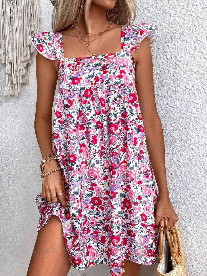 SHEIN VCAY Women's Fashionable Square Neck Cap Sleeve A-Line Midi Dress | SHEIN USA | SHEIN