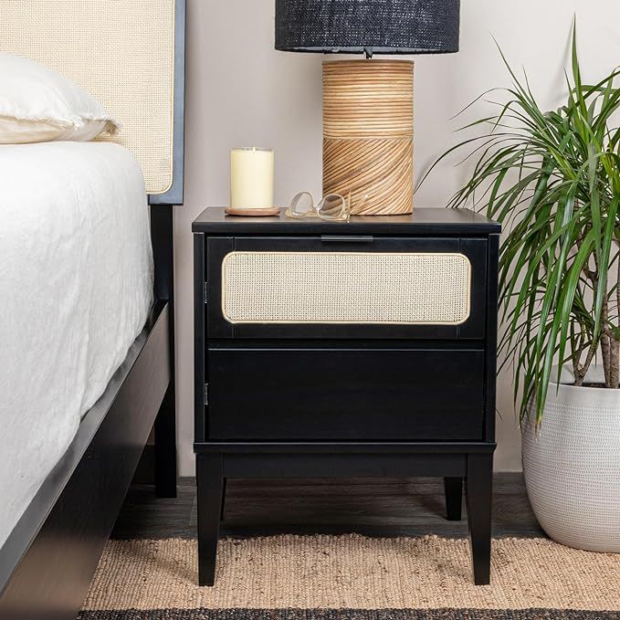 Creative Co-Op Crawford 2 Storage Drawers Woven Cane Detail, Stain Finish Nightstand, Black and N... | Amazon (US)