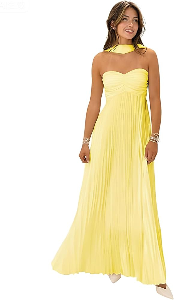 Women Bridesmaid Dress with Scarf Strapless Pleated Flowy Formal Evening Gown Maxi Dresses | Amazon (US)