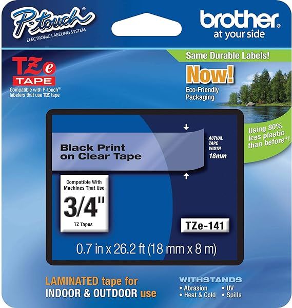 Brother Genuine P-Touch TZE-141 Tape, 3/4" (0.7") Standard Laminated P-Touch Tape, Black on Clear... | Amazon (US)