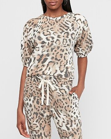 Leopard Print Puff Sleeve Fleece Sweatshirt | Express