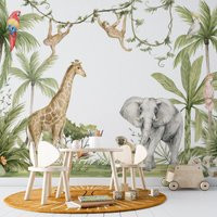 Safari Wallpaper With Exotic Animals, Peel & Stick, Flamingo, Giraffe, Jungle, Monkey, Tropical, Wat | Etsy (US)