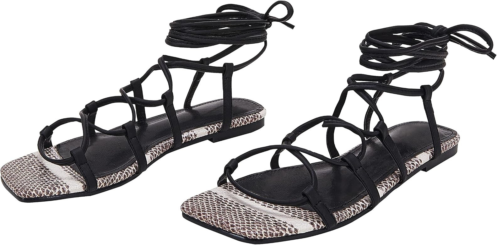 Womens Lace up Square Toes Flat Sandals with Ankle Strap Summer Criss-Cross Gladiator Shoes | Amazon (US)