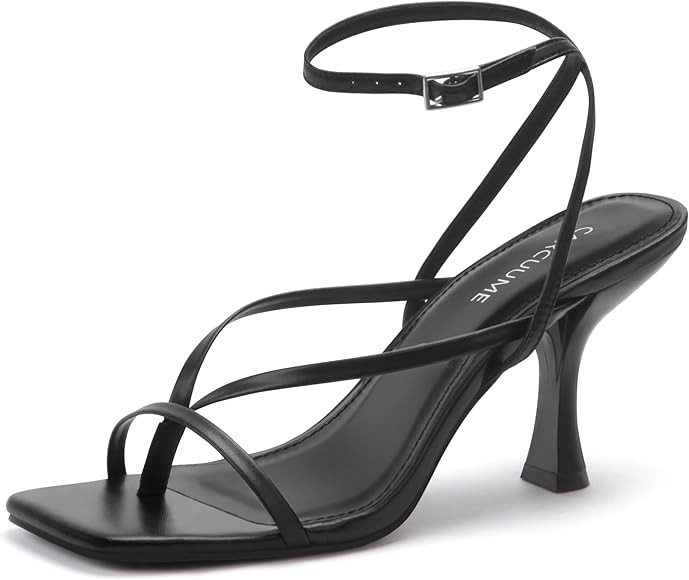Carcuume Womens Kitten Heels Square Toe Thong Strappy Ankle Strap Stiletto Heel Sandals | Amazon (US)