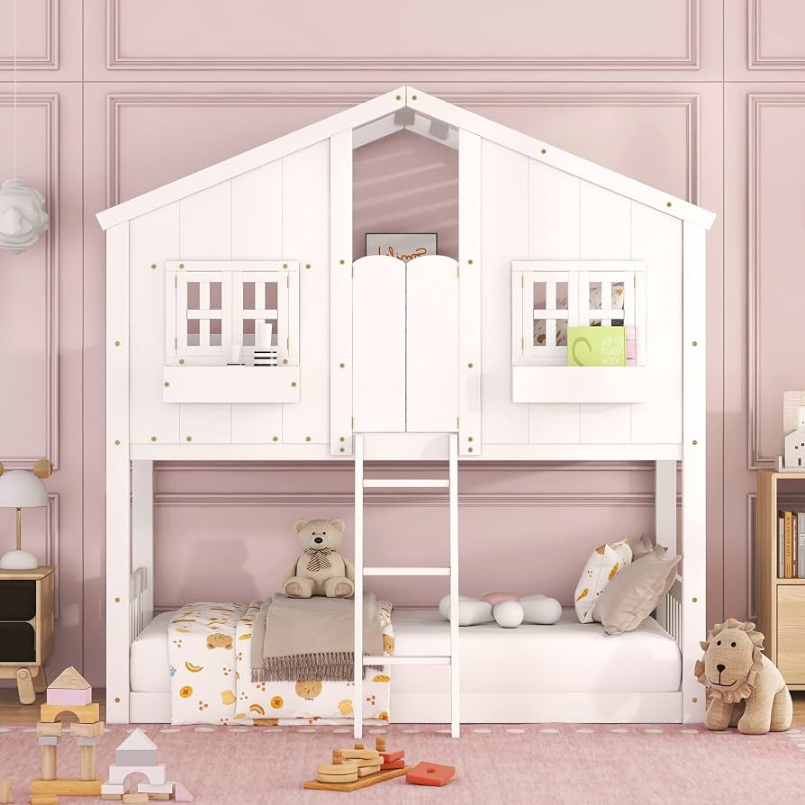 Harper & Bright Designs House Bunk Bed Twin Over Twin for Kids, Wood Bunk Beds with Roof, Windows... | Amazon (US)