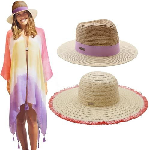 Nicole Miller 2 Straw Sun Hats for Women UV Protection Packable with Beach Cover Up for Women Foldable for Summer Travel, Coral/Lavender | Amazon (US)