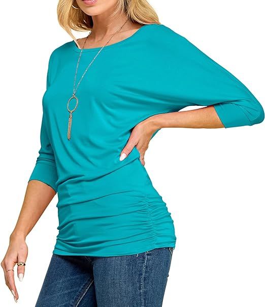 Made By Johnny Women's Boat Neck and V-Neck 3/4 Sleeve Draped Dolman Top with Side Shirring Premi... | Amazon (US)