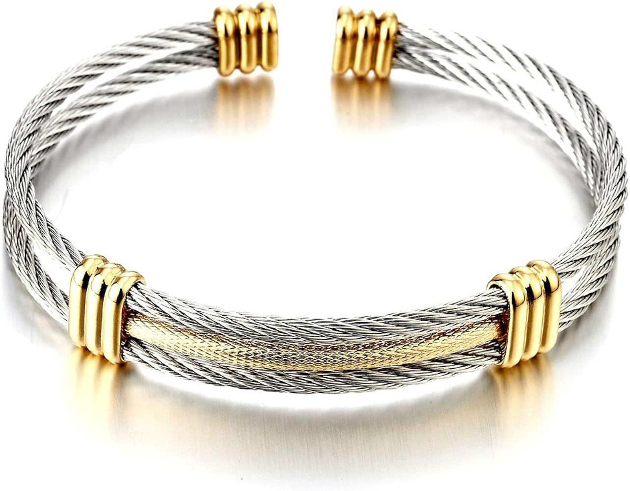 COOLSTEELANDBEYOND Men Women Stainless Steel Twisted Cable Adjustable Cuff Bangle Bracelet | Amazon (US)