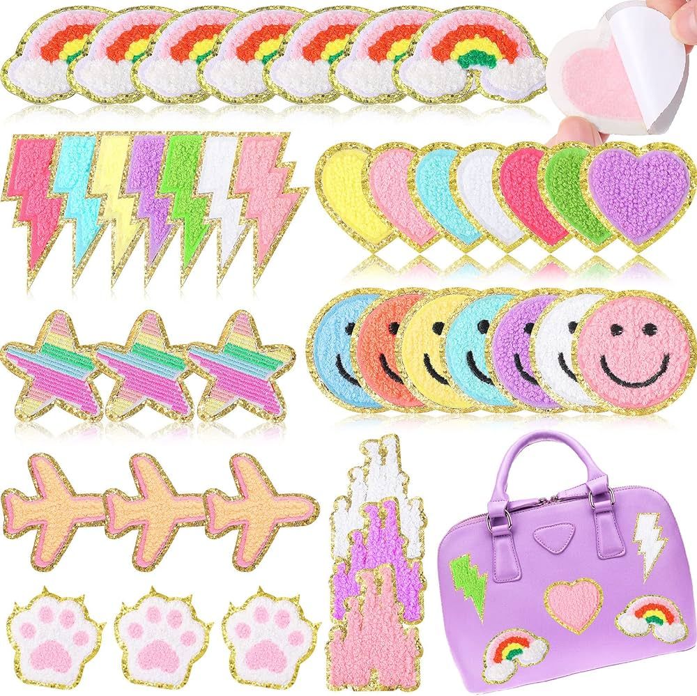 Yilloog 40 Pcs Self Adhesive Chenille Patches Colorful Cute Chenille Embroidered Patches Glitter ... | Amazon (US)