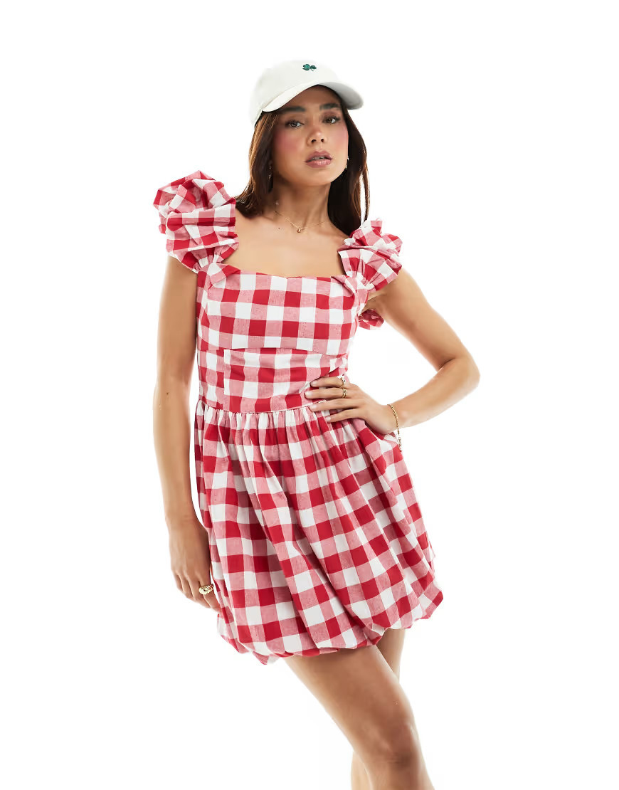 ASOS DESIGN square neck mini smock dress with bubble hem in red gingham-Multi | ASOS (Global)