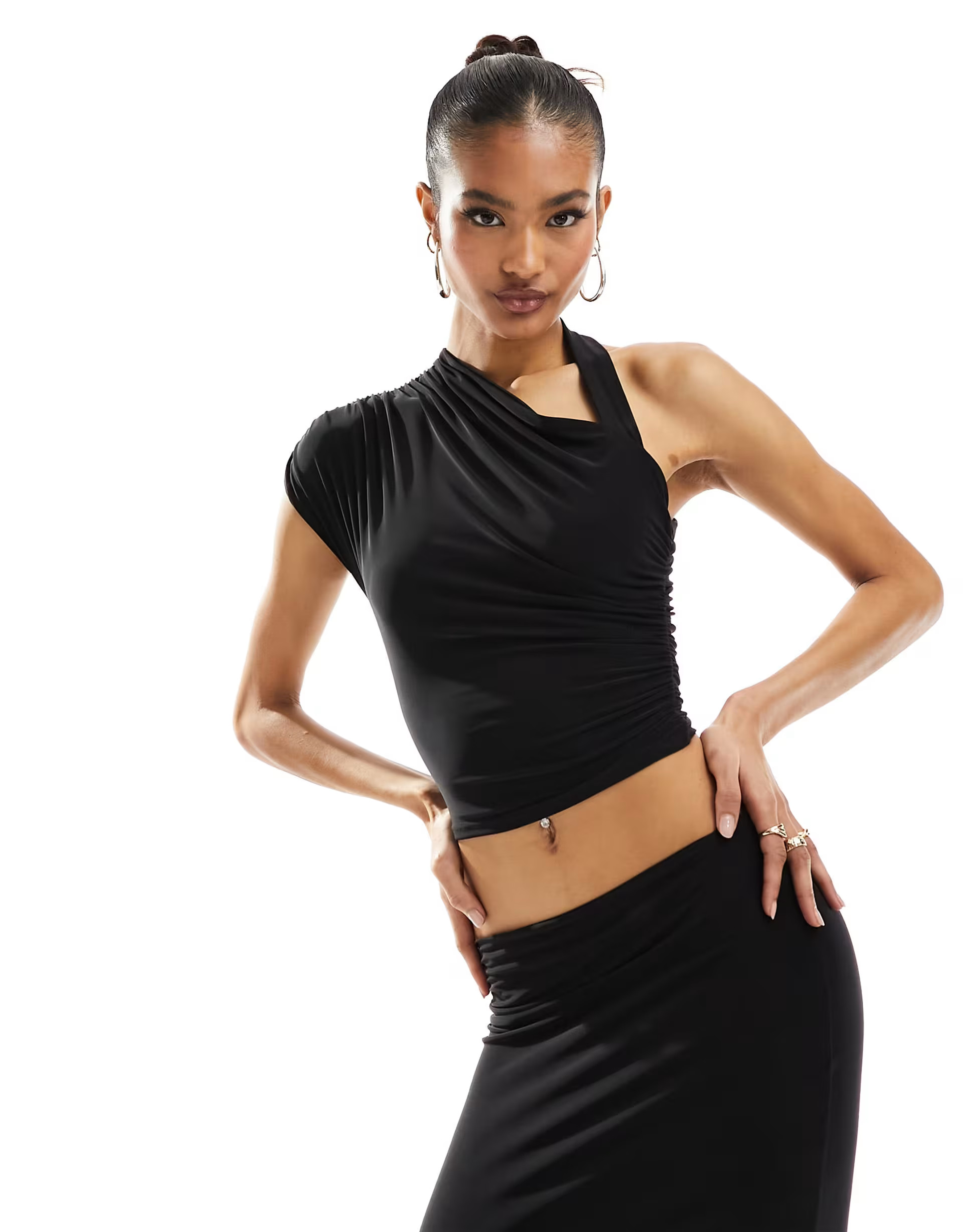 Kaiia slinky one shoulder crop top co-ord in black | ASOS (Global)