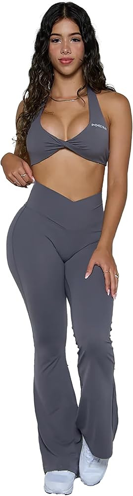 V Waist Flare Scrunch Butt Pants - Wide Leg, Cross Over Leggings for Women - High V Waist, Stretc... | Amazon (US)