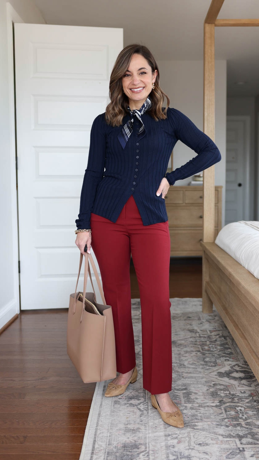 Petite friendly slim cut pants for work! 

Outfit 1 
Red pants (J.Crew): petite 0 - the pants run small through the hips and thighs, I recommend a size up at least if you’re curvy.  10” rise 25.5” inseam in petite 
Navy top (J.Crew):  xxs - linked a similar loft top as well 
Scarf: similar linked 
Shoes (Sam Edelman): tts 
Tote (Quince) 

Outfit 4
Navy pants (J.Crew): petite 0 - recommend a size up 
Cardigan (Quince): xs 
Blazer (J.Crew): petite 00 
Shoez (Sam Edelman): tts 

Outfit 3 
Navy pants (J.Crew): petite 0 - recommend a size up 
Blue sweater (J.Crew Factory): xxs 
Scarf: similar linked 
Shoes (Sam Edelman): tts 

Outfit 4 
Red pants (J.Crew): petite 0 - the pants run small through the hips and thighs, I recommend a size up at least if you’re curvy.  
Black top ( Aritzia): xxs - sleeves are cuffed under 
Shoes (Sam Edelman): tts 

My measurements for reference: I’m 4’10” and 105lbs. My bust, waist, and hip measurement is 32”, 24”, and 36”.
