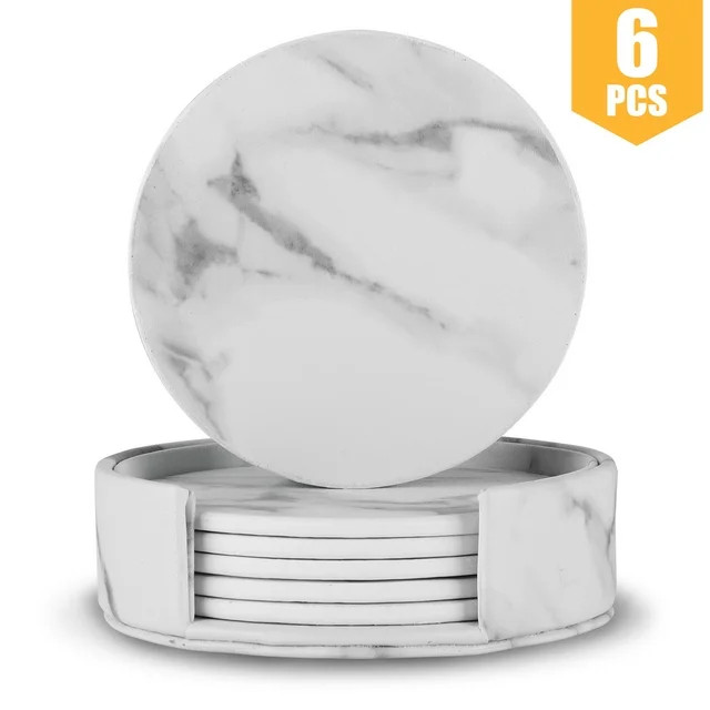 EEEkit 6pcs PU Leather Coasters for Drinks with Holder, Absorbent Marble Design Round Cup Mats Pr... | Walmart (US)