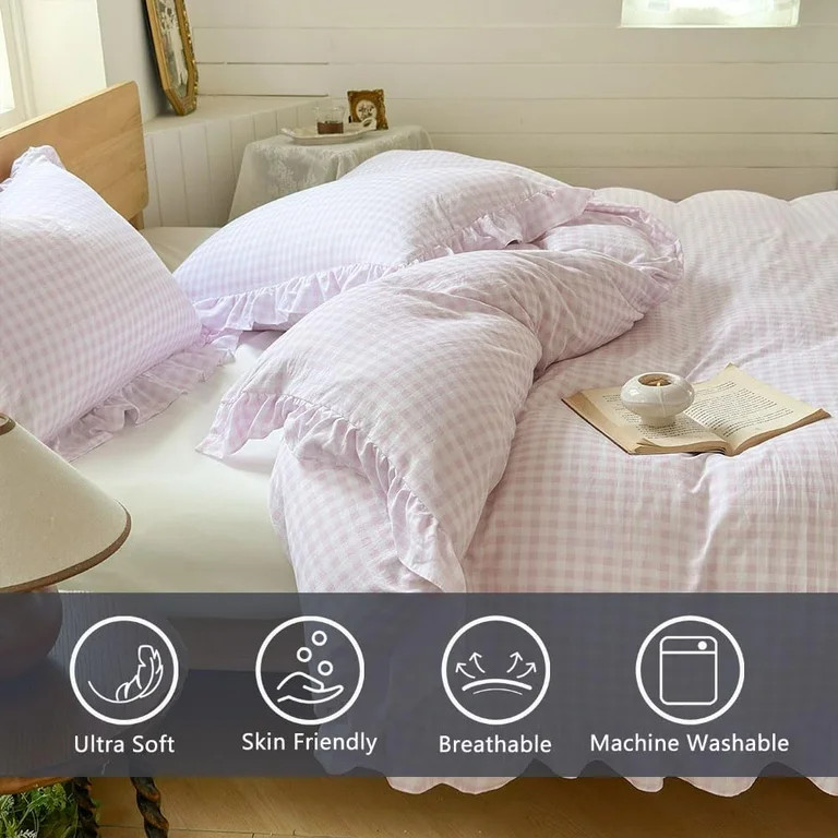 Pink Gingham Ruffle Duvet Cover King Size, 3 Pieces Soft Pre-Washed Microfiber Checked Plaid Comf... | Walmart (US)