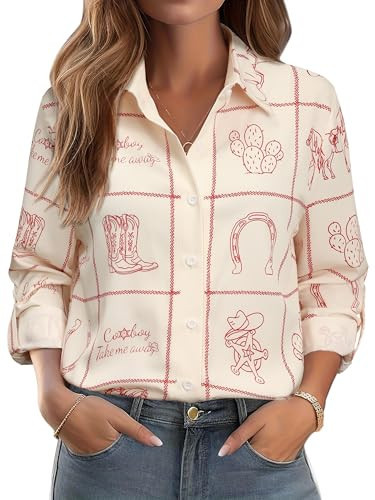 MYMORE Women's Western Cowgirl Long Sleeve Button Up Shirt Blouse Graphic Cowboy Print Shirts Top Rodeo Outfits Wear Clothing Light Khaki XL | Amazon (US)