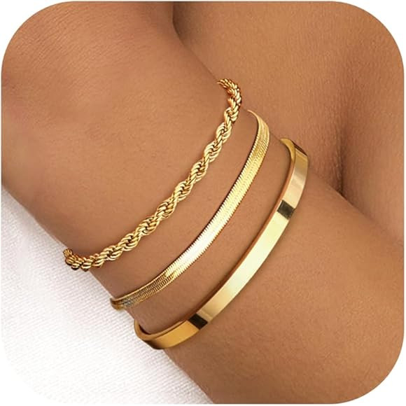 Finrezio 3-5 Stück Armband Damen Gold 14 Karat Vergoldet Stapelarmbänder Edelstahl Figaro Perle... | Amazon (DE)