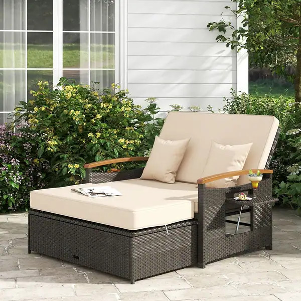 Patio Rattan Daybed Set with Cushioned Loveseat & Storage Ottoman | Bed Bath & Beyond