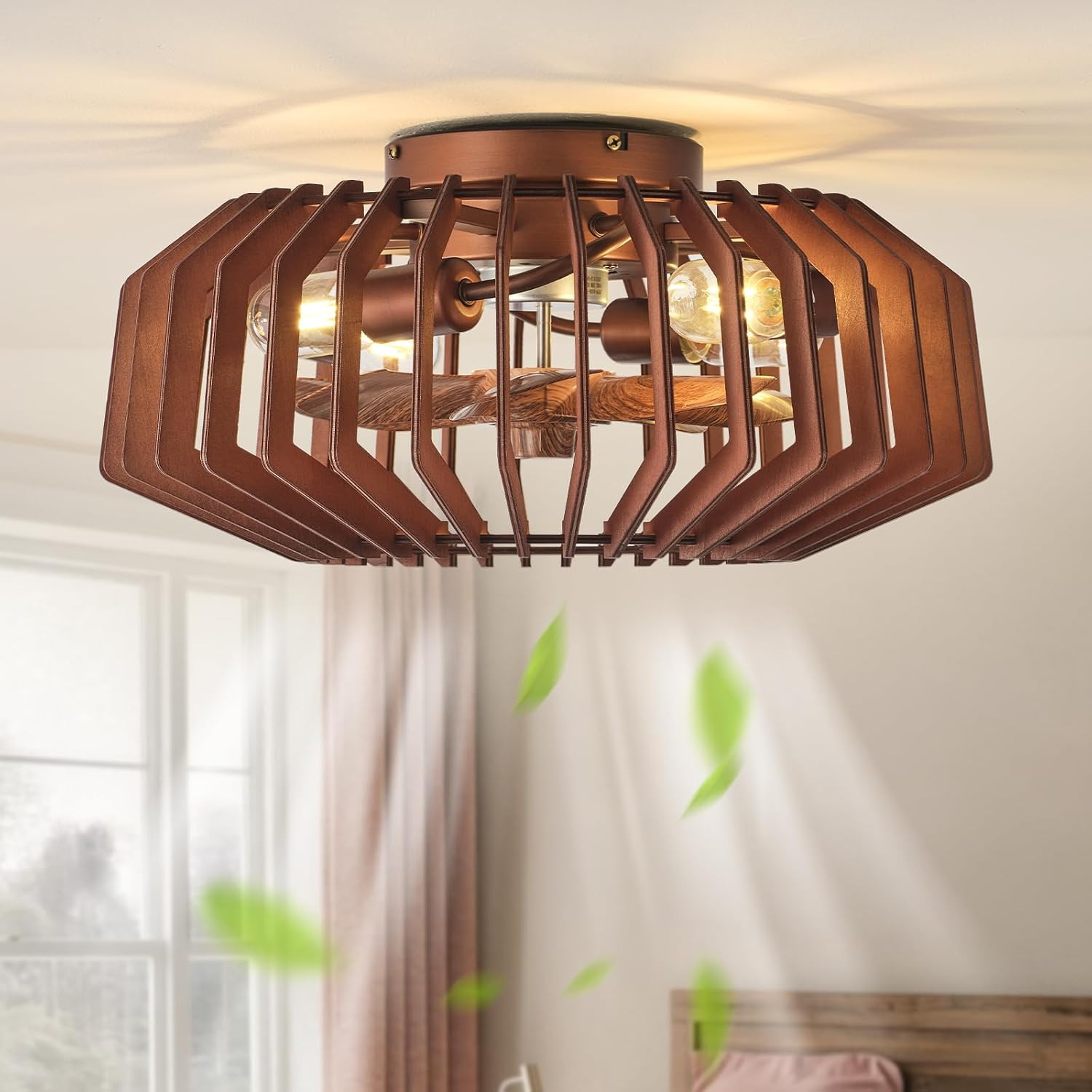 20" Wood Ceiling Fans with Lights Flush Mount, Farmhouse Rustic Ceiling Fan with Light Remote Control, Caged with 6 Speeds for Bedroom, Living Room, Nursery | Amazon (US)