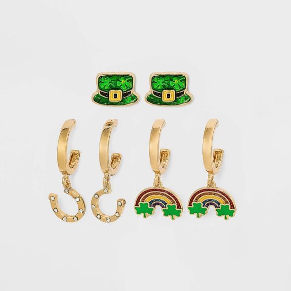 St. Patrick&#39;s Day Rainbows and Leprechaun Drop Earring Set 3pc - Assorted Greens | Target