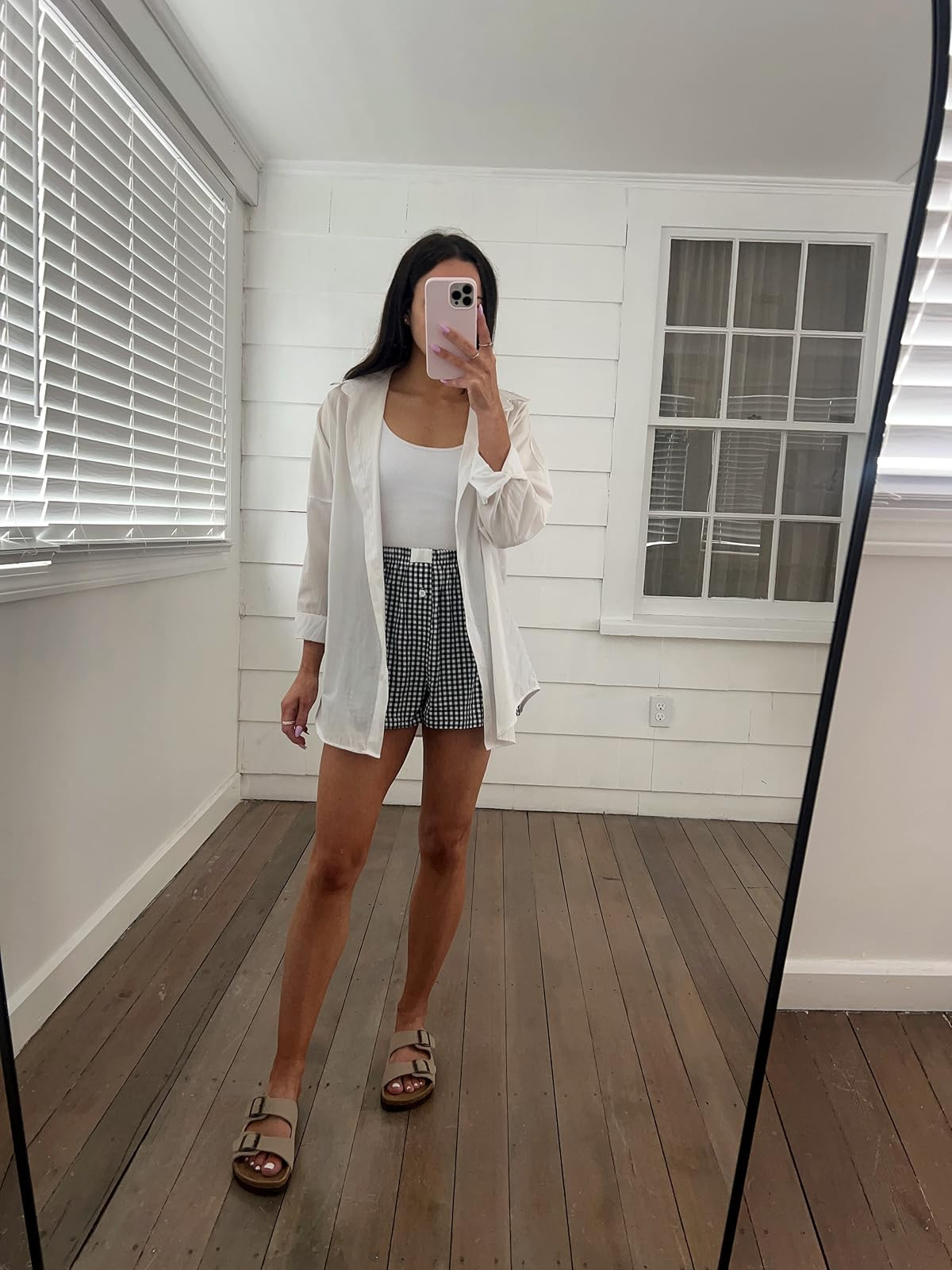 Summer outfit- boxer shorts in S, tank in S (has built in bra!), sandals true to size!
Oversized button down shirt/tank top/plaid shorts. 

 #LTKSeasonal #LTKPetite #LTKFindsUnder50