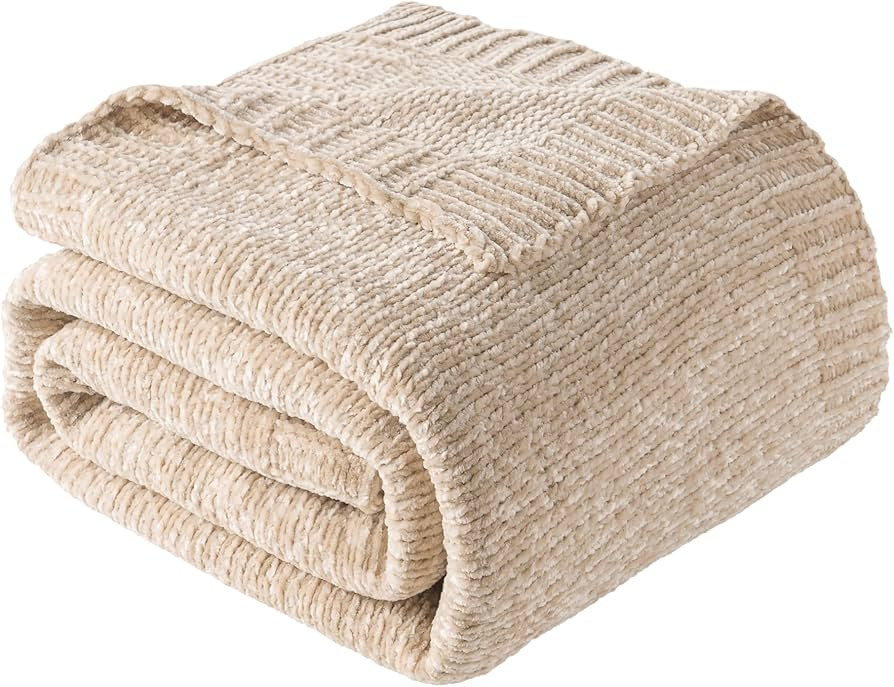 BATTILO HOME Knit Chenille Throw Blanket for Couch, Cozy Beige Throw Blankets for Home Decor,Ligh... | Amazon (US)