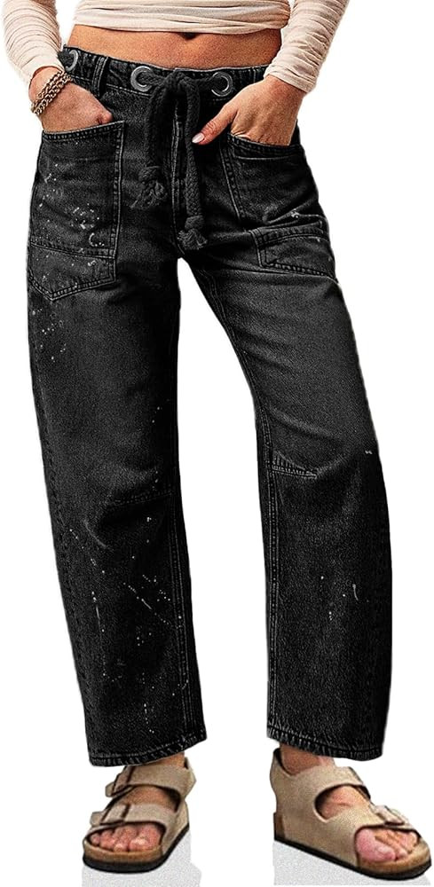 Cicy Bell Womens Baggy Barrel Horseshoe Jeans Wide Leg Drawstring Vintage Denim Pants with Front ... | Amazon (US)