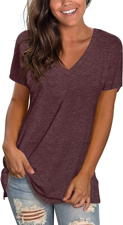 Sipaya Womens T Shirts Basic V Neck Tee Loose Fitting Casual Short Sleeve Tops | Amazon (US)