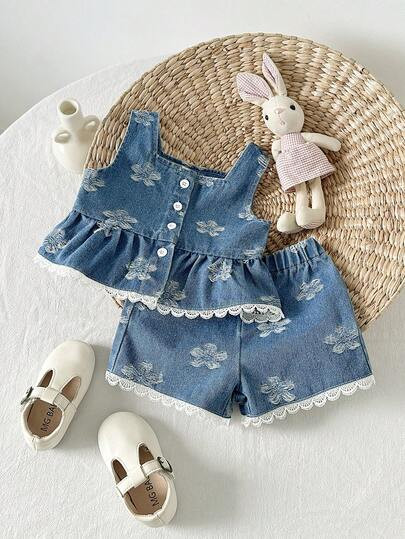 SHEIN Playful Pals Baby Girls' Denim Outfit, Casual & Fashionable Design, Sleeveless Loose Ruffle... | SHEIN