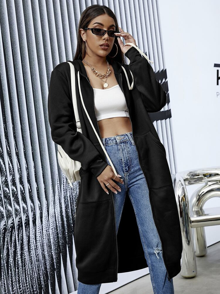 Zip Up Drawstring Long Hoodie | SHEIN