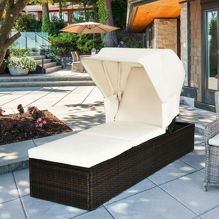 Costway Patio Rattan Lounge Chair Chaise Cushioned Top Canopy Adjustable White | Walmart (US)