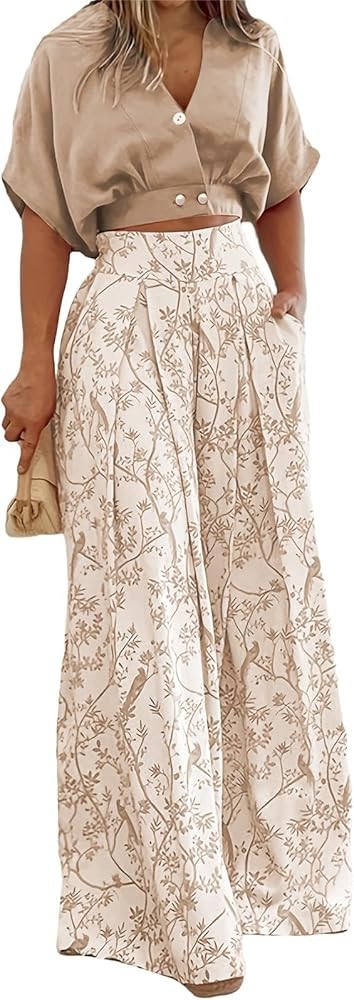 ZWRXW Boho 2 Piece Sets for Women Summer Outfits Batwing Sleeve V Neck Crop Tops and Wide Leg Pan... | Amazon (US)